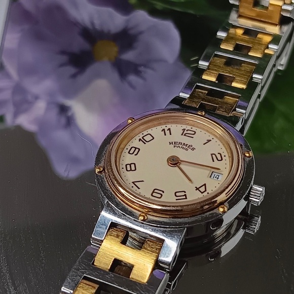 🎉SOLD🎊Hermès✨Ivory Yellow Gold Plated Stainless Steel Clipper Quartz Wristwatch - Picture 5 of 15